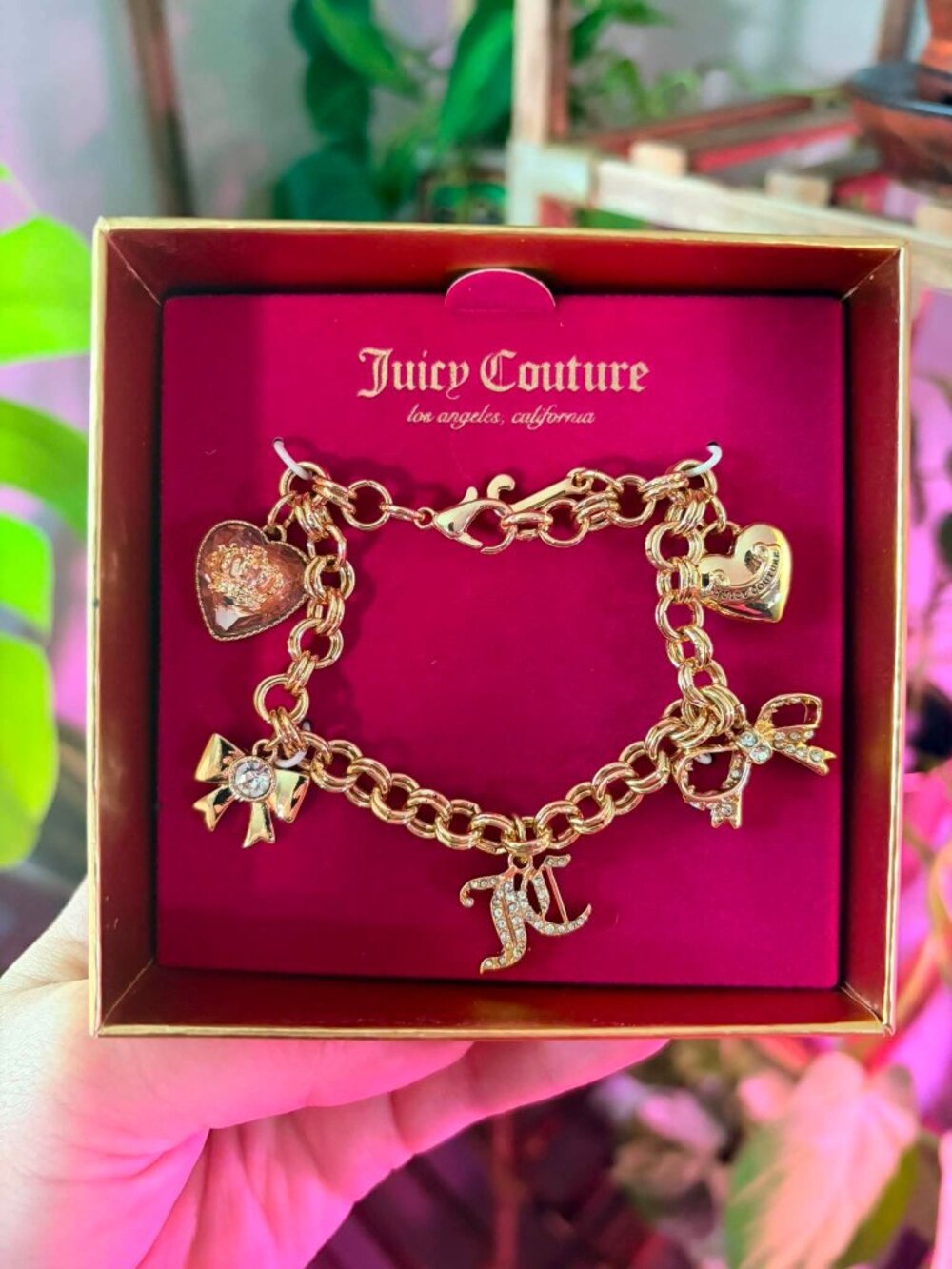 **Juicy Couture Gold Tone Crystal Charm Bracelet with Original Box**